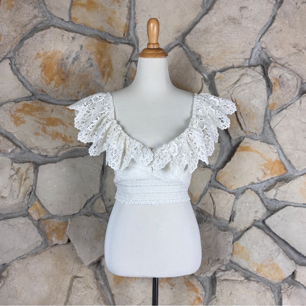 NWT Alice + Olivia Broderie Plunge Lace Top Antique White | XL
